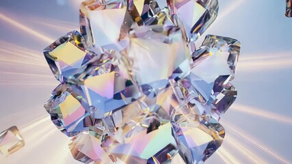 Iridescent crystals clustered and dispersed with light rays against pastel background - Powered by Adobe