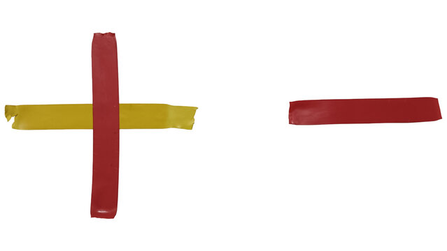 Handcrafted red and yellow plus and minus signs, symbolizing addition, subtraction, and contrasting concepts.