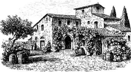 Naklejka premium Vintage illustration of a tuscan building set in a rural courtyard with foliage and barrels. The stone structure features a tree, creating a rustic vector image.
