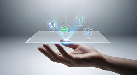 Hologram Tablet Displaying Projected App Icons Above Human Hand Presenting Digital Interface of Virtual Screen with Modern Technology and Interactive Communication