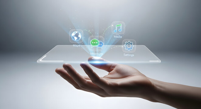 Hologram Tablet Displaying Projected App Icons Above Human Hand Presenting Digital Interface of Virtual Screen with Modern Technology and Interactive Communication - Powered by Adobe