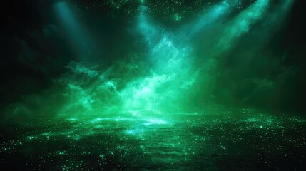Fototapeta premium Abstract green glowing mist particles on dark background