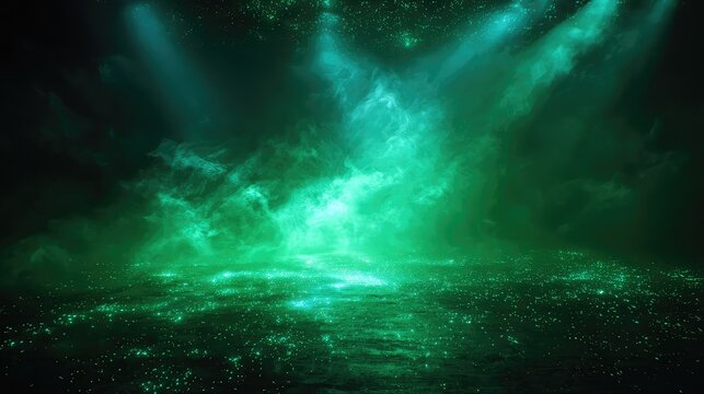 Abstract green glowing mist particles on dark background