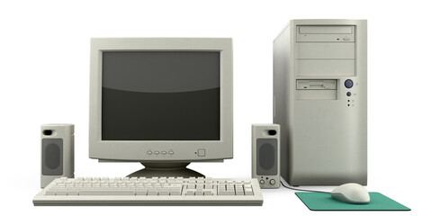 Isolated vintage desktop computer setup with CRT monitor, tower, keyboard, mouse and speakers, front view — turned off, perfect for retro tech illustration © D Graphics