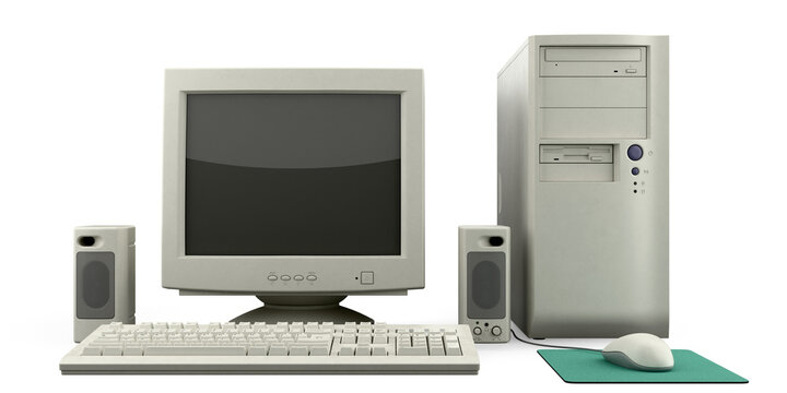 Isolated vintage desktop computer setup with CRT monitor, tower, keyboard, mouse and speakers, front view — turned off, perfect for retro tech illustration
