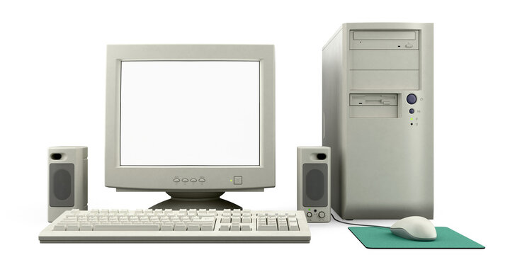Isolated vintage desktop computer setup with CRT monitor turned on and glowing white screen, tower, keyboard, mouse and speakers, front view &mdash; perfect for retro tech illustration