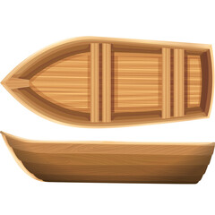 Wooden Rowboat Top View and Side View Isolated On Transparent Background Simple Natural Wood Texture Detailed Design For Nautical Themes And Transportation