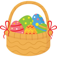 Woven Easter basket filled with vibrantly decorated eggs adorned with bows on a transparent background a festive spring celebration