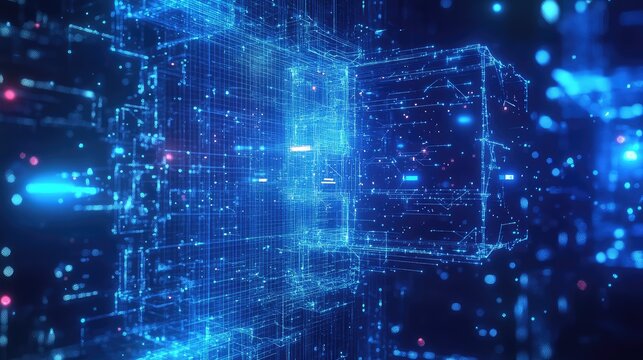 Digital data network structure displaying glowing information connections