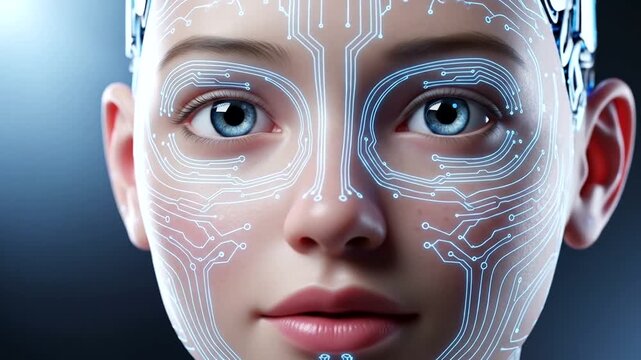 Close up of a futuristic android face with glowing circuit patterns.