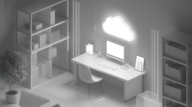 Isometric home office workspace with glowing cloud icon - Powered by Adobe