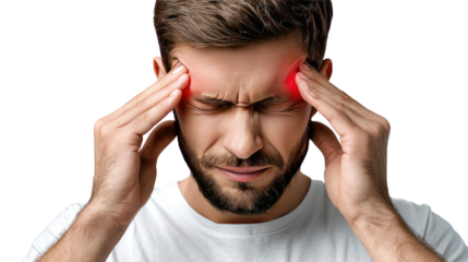 A Man grappling with a Headache: A man is depicted in a moment of physical distress, his expression marked by discomfort.