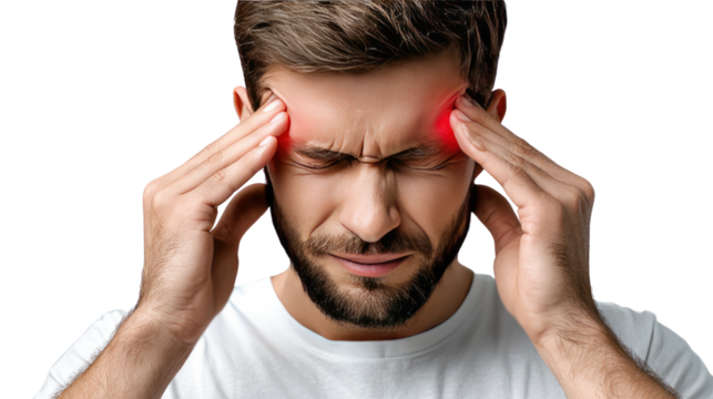 A Man grappling with a Headache: A man is depicted in a moment of physical distress, his expression marked by discomfort.