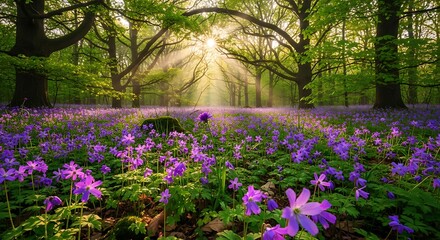 Fototapeta premium Sunlit Forest Floor with Purple Flowers and Towering Trees.