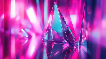 Crystal prism reflecting neon pink and blue light