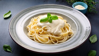 plate of spaghetti topped with creamy white sauce