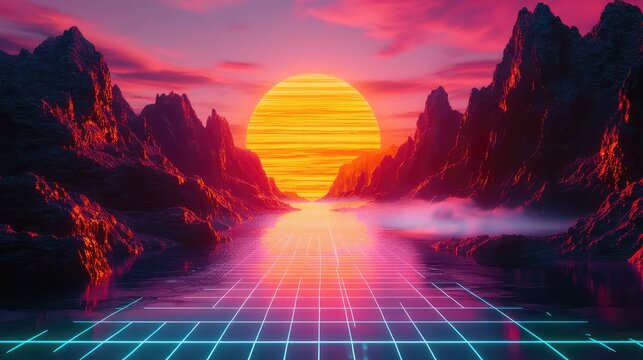Retrowave sunset landscape with glowing grid and neon mountains