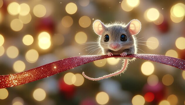 Charming 3D illustration of a tiny, cute mouse sitting on a glittering red ribbon, against a blurred golden bokeh background of Christmas tree lights and ornaments