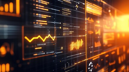 Data analytics screen displaying financial graphs and digital information