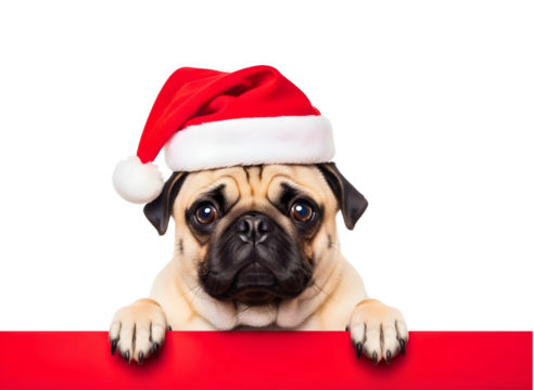 Cute pug wearing a santa hat isolated on transparent background - Powered by Adobe