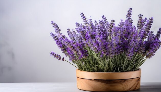 a wooden pot filled with vibrant lavender flowers against a light background