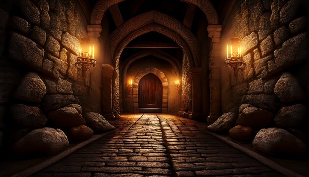 a dimly lit stone corridor with a doorway and torches evoking a dungeon atmosphere