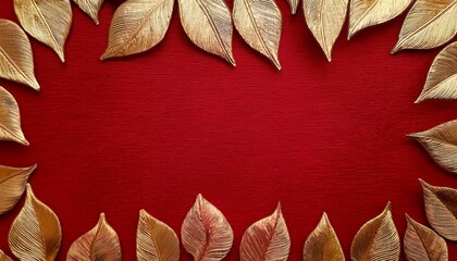 a textured red background adorned with golden leaves creating an elegant and warm atmosphere