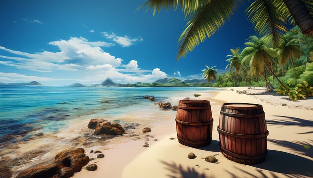 a serene tropical beach scene featuring a ship barrels and lush greenery - Powered by Adobe