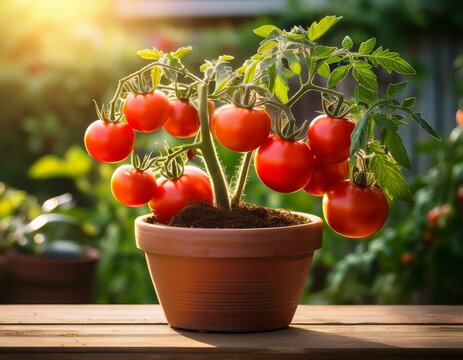 a potted tomato plant with ripe red tomatoes showcasing home gardening and fresh produce - Powered by Adobe