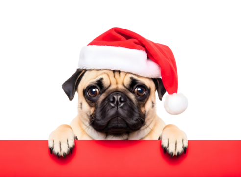 Cute pug wearing a santa hat isolated on transparent background