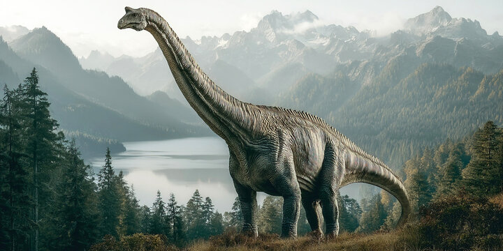 Dicraeosaurus explores a primeval landscape with lakes and mountains in a stunning still scene