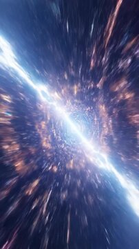 Fast cinematic flight through an endless glowing iridescent wormhole tunnel simulating hyper-speed travel future, visualization, light stream