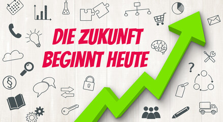 Pfeil und Icons mit Text - Die Zukunft beginnt heute