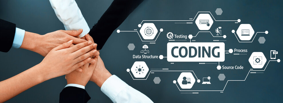 This image showcases hands joining together, symbolizing teamwork and collaboration in a coding environment, highlighting concepts like data structure and software development processes. Amity