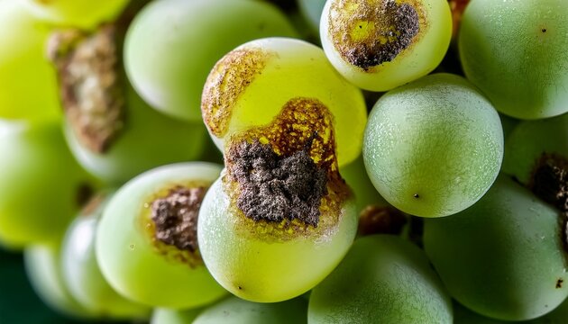 damaged green grapes affected by oidium disease