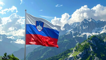 A vibrant national flag proudly waves against a picturesque backdrop of snow-capped mountains and a bright blue, cloud-filled sky