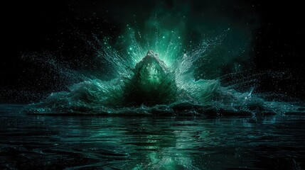 Glowing emerald water exploding with powerful energy splash