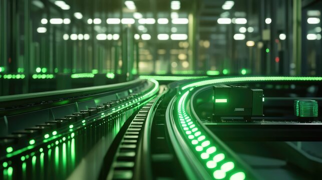 Automated smart rail system moving packages in futuristic logistics hub
