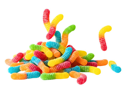 Pile of colorful gummy worms isolated on transparent background