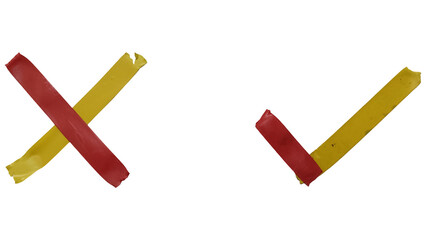 Handcrafted cross mark and checkmark symbols created from vibrant red and yellow tape strips © Biparshi