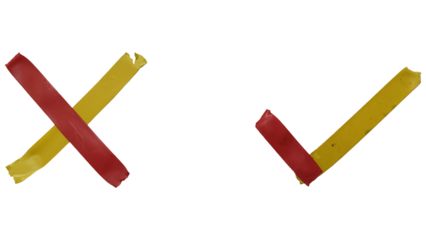 Handcrafted cross mark and checkmark symbols created from vibrant red and yellow tape strips