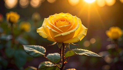 Close-up of a blooming yellow rose, bathed in golden sunlight