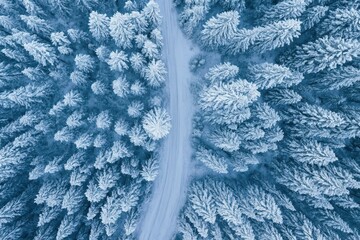 A drone aerial photo of the forest and the road covered with snow and frost, winter in the forest