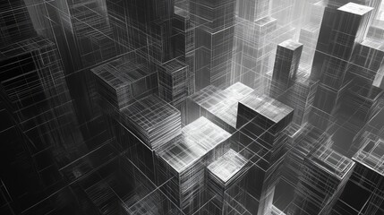 Digital wireframe city buildings creating a technology grid structure