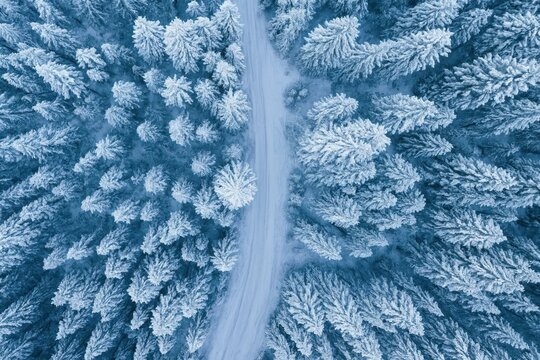 A drone aerial photo of the forest and the road covered with snow and frost, winter in the forest