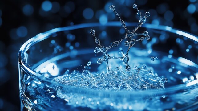 Water molecule splash forming abstract chemical structure