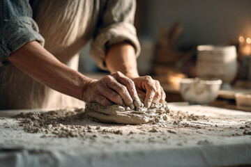 Close-up of a woman's hands kneading dough