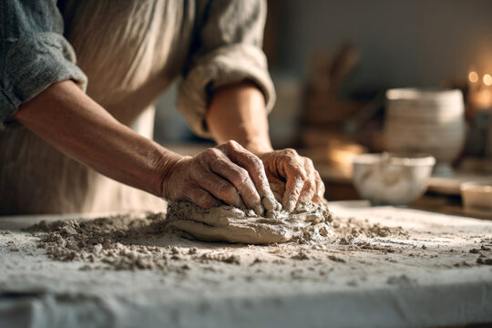 Close-up of a woman's hands kneading dough