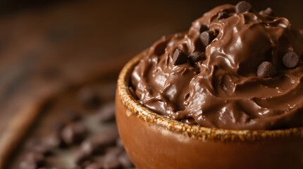 Creamy chocolate dessert topped with chocolate chips in a warm brown setting, featuring ample copy space for text or branding. Ideal for food advertising, marketing, menus, and promotional designs.