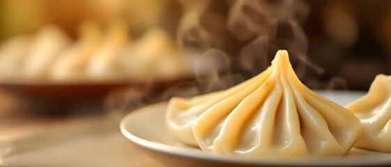 Fresh steamed dumplings with rising steam, showcasing authentic Asian flavor. Ideal for menus, ads, packaging, and food branding seeking a warm, appetizing, high-quality look.